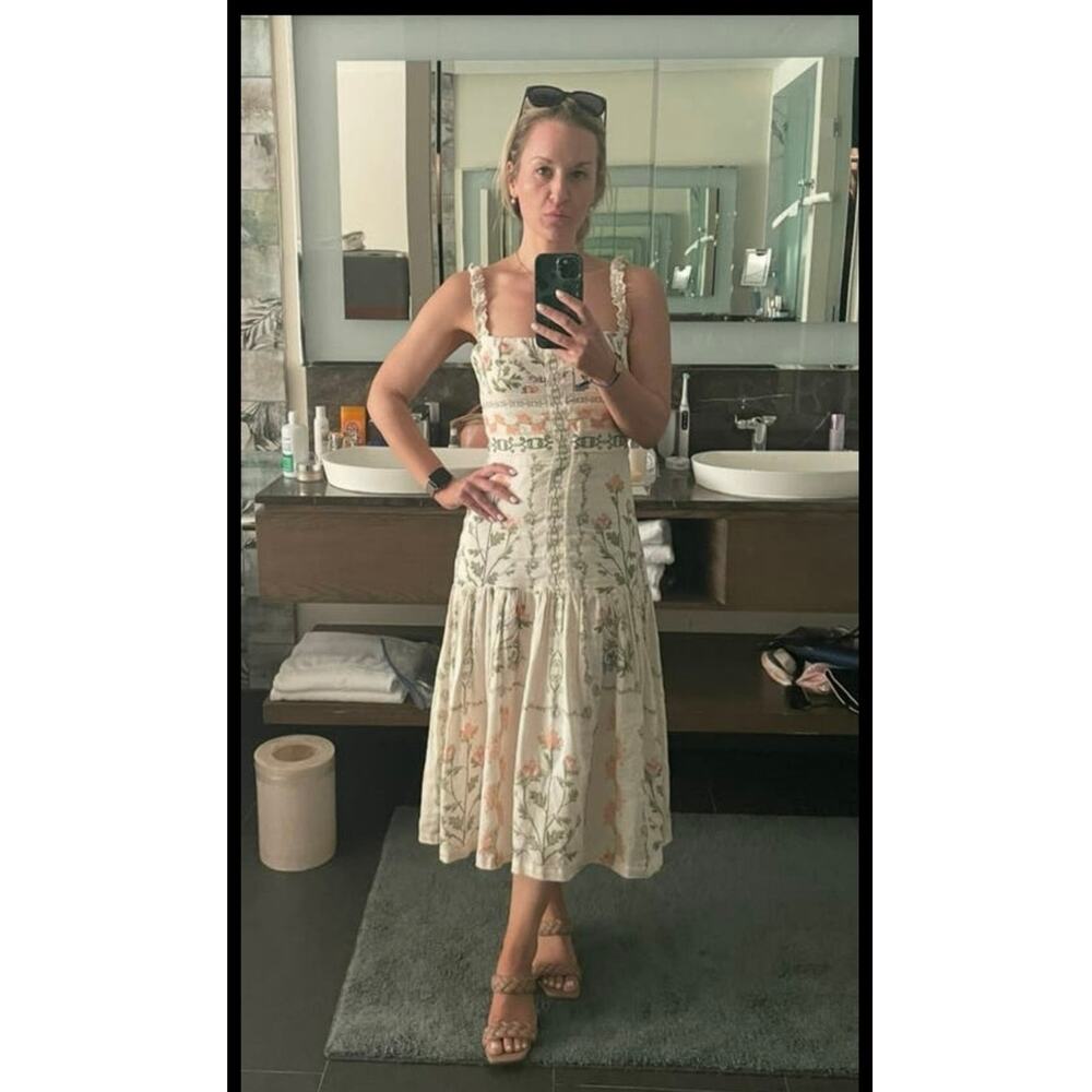 AGUA BY AGUA BENDITA Alma Nispero Oasis Floral Cream Pink Garden Midi Dress sz S - Picture 5 of 14